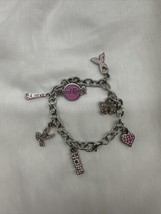 VTG Hard Rock Charm Bracelet Pink Enamel &amp; Rhinestones Ribbon Heart Butterfly .. - £19.05 GBP