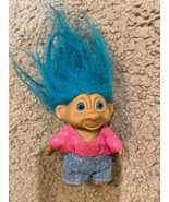 Vintage 1990s Russ Troll Doll 5&quot; Blue Eyes and Blue Hair Toy Summer Clothes - £9.53 GBP