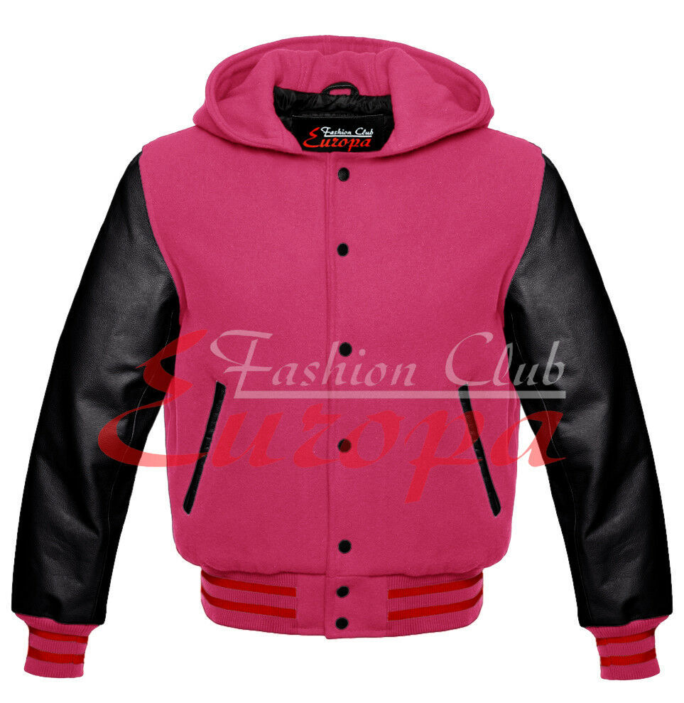 Varsity Hot Pink Wool Letterman Hoodie Real Black Leather Sleeves XS-4XL