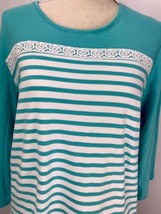 Kim Rogers Teal White Stripe Long Sleeve Button Lace Trim Tunic Blouse S... - $19.99