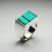 Rectangle Flat Malachite Ring Men Solid 925 Silver Men Ring Father&#39;s Day Gifts - £55.86 GBP