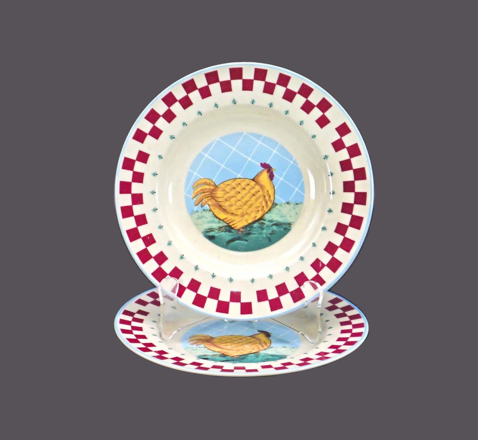 Pair of Tienshan Folk Art stoneware salad plates. Chicken in center. - $47.22