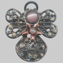 Marked KC Holiday Moonglow Pink Art Glass Rhinestones Lacy Metal Angel Brooch  - £8.17 GBP