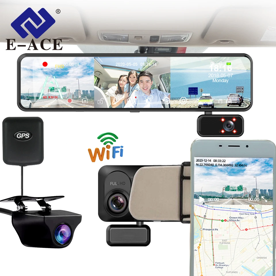 E-ACE Car DVR 3 In 1 Rearview Mirror With 3 1440P Camera 12 Inches Dash Cameras - £127.15 GBP+