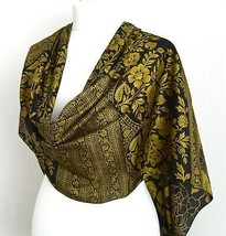 Black Chartreuse Floral Upcycled Vintage Sari Faux Silk Scarf - Handmade - £26.14 GBP