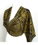 Black Chartreuse Floral Upcycled Vintage Sari Faux Silk Scarf - Handmade - £26.06 GBP