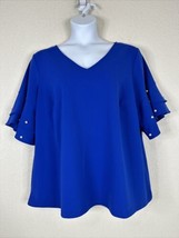 Roz &amp; Ali Womens Plus Size 3X Blue V-neck Blouse Short Ruffle Pearl Sleeve - £14.22 GBP