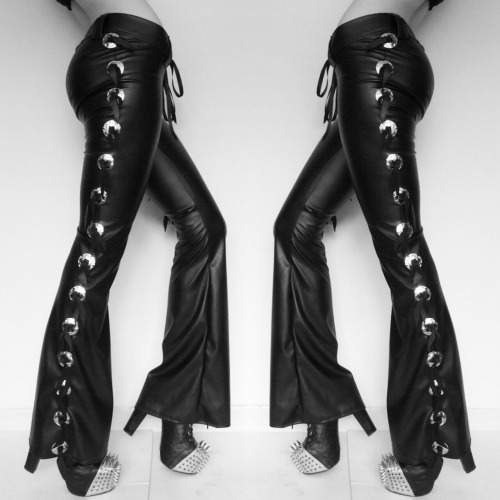 Women Bell Bottom Nude Black Straight Zipper  Silver Studded Genuine Leather