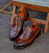 Pure Handmade Genuine Leather Brown Loafers Shoes For Men&#39;s - £160.25 GBP