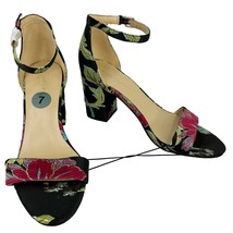 Marc Fisher Glowing3 Heels Sandals Open Toe 7M Black Floral Ankle Strap New - $39.99