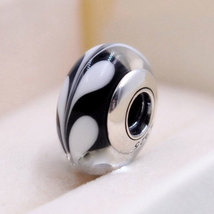  White Swirl Black Murano Glass Charms Beads For European Bracelets - $9.99