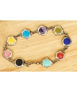 Estate Jewelry Sterling Silver Gemstone Enamel Inlay Hexagon Link Bracelet 7.5" - $44.54