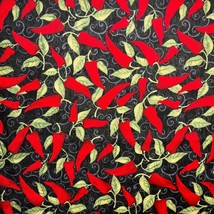 Red Peppers Chili Pepper Vines Fabric Red Green on Black 100% Cotton 1/2 YARD - £4.32 GBP
