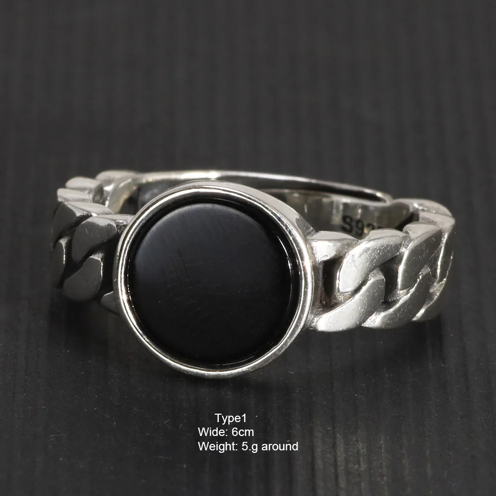 Ling silver chain rings with black agate inlaid adjustable size natural stone ring fine thumb200