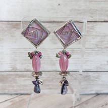 Vintage Clip On Earrings Long Pink &amp; Purple Dangle - Iridescent - £11.21 GBP