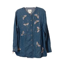The Quacker Factory Women’s Dragonfly Button Up Denim Shirt Size M Long ... - £18.24 GBP