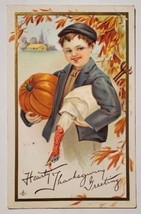 Thanksgiving Greetings Boy With Turkey And Pumpkin Postcard K28 - £5.44 GBP