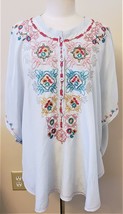 Johnny Was Embroidered Top Sz-M Light Sky Blue 100%Silk - £59.77 GBP