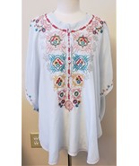 Johnny Was Embroidered Top Sz-M Light Sky Blue 100%Silk - £63.72 GBP