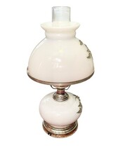 Vintage Milk Glass Hurricane Table Lamp Floral Brass Base Works 16.75” image 5