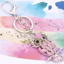 Fashion crystal keychain pink owl key ring bag pendant charm jewelry - £10.35 GBP