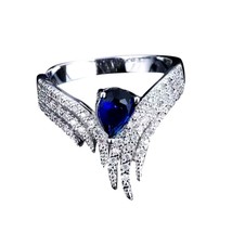 Wing Angel Ring  with Inlaid Zircon Blue and Diamond  silver Plated SIZE 8 - £23.57 GBP