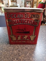 Vtg Ocean Blend Indian &amp; Ceylon Tea Red Tin Litho Toronto Peterboro Lidded - £27.23 GBP