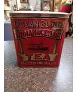 Vtg Ocean Blend Indian &amp; Ceylon Tea Red Tin Litho Toronto Peterboro Lidded - $34.64