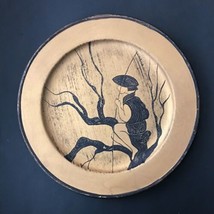 Vintage Block Woodcut Art Pottery Plate Man Fishing In Tree Heavyweight - £93.10 GBP