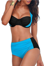 Windowpane Push Up Padded Halter Bikini Large (L) Swimsuit Blue / Black - $12.54 CAD