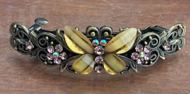 Vintage Lucite Rhinestone Flower And Butterfly Pink Metal 4&quot;  Hair Barrette - £18.09 GBP