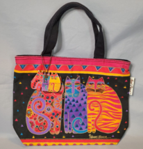 Laurel Burch Colorful Cats Sun N Sand Painted Canvas Bag Tote w/ Wood Ornament - £19.74 GBP