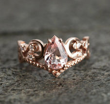 14K Rose Gold Finish 2Ct Pear Morganite &amp; Diamond Bridal Halo Wedding Ring Set  - £74.39 GBP