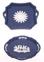 Lovely Pair Of Wedgwood England Jasperware Portland Blue Trinket DISHES/TRAYS - $57.91