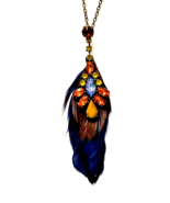 Fashion 25&quot; Feather Pendant Necklace with Multi Colored Rhinestones - £16.57 GBP
