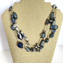 Tribal Boho Blue Glass Silver Tone Cream Rope Beaded Multi Strand Necklace 19in - £15.91 GBP