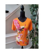 Chicos Top Women&#39;s Size 0/Small Orange Linen Floral Fox Graphic Short Sl... - $36.10 CAD