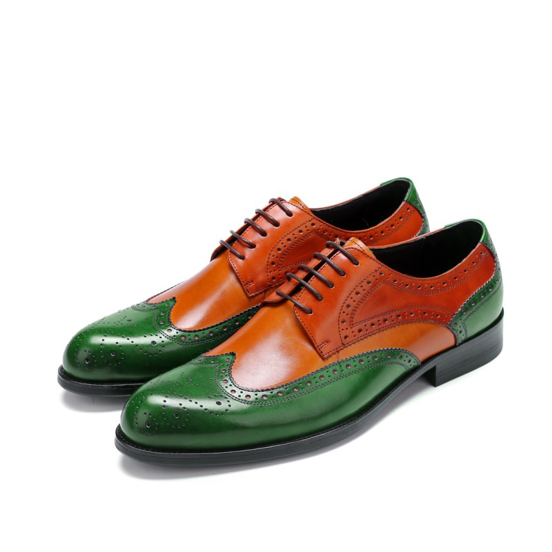 Men Two Tone Green Orange Brogue Toe Wing Tip Oxford Real Leather Shoes US 7-16