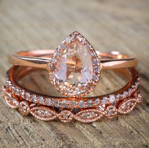 14K Rose Gold Fn 2Ct Pear Moraganite &amp; Diamond Bridal Filigree Wedding R... - $74.79