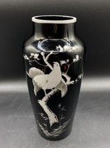 CZECH Art Deco HYALITE Black Glass Vase 10” Silver Painted Bird - $1,695.96 MXN