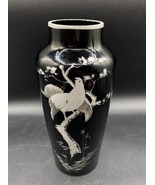 CZECH Art Deco HYALITE Black Glass Vase 10” Silver Painted Bird - €77,38 EUR