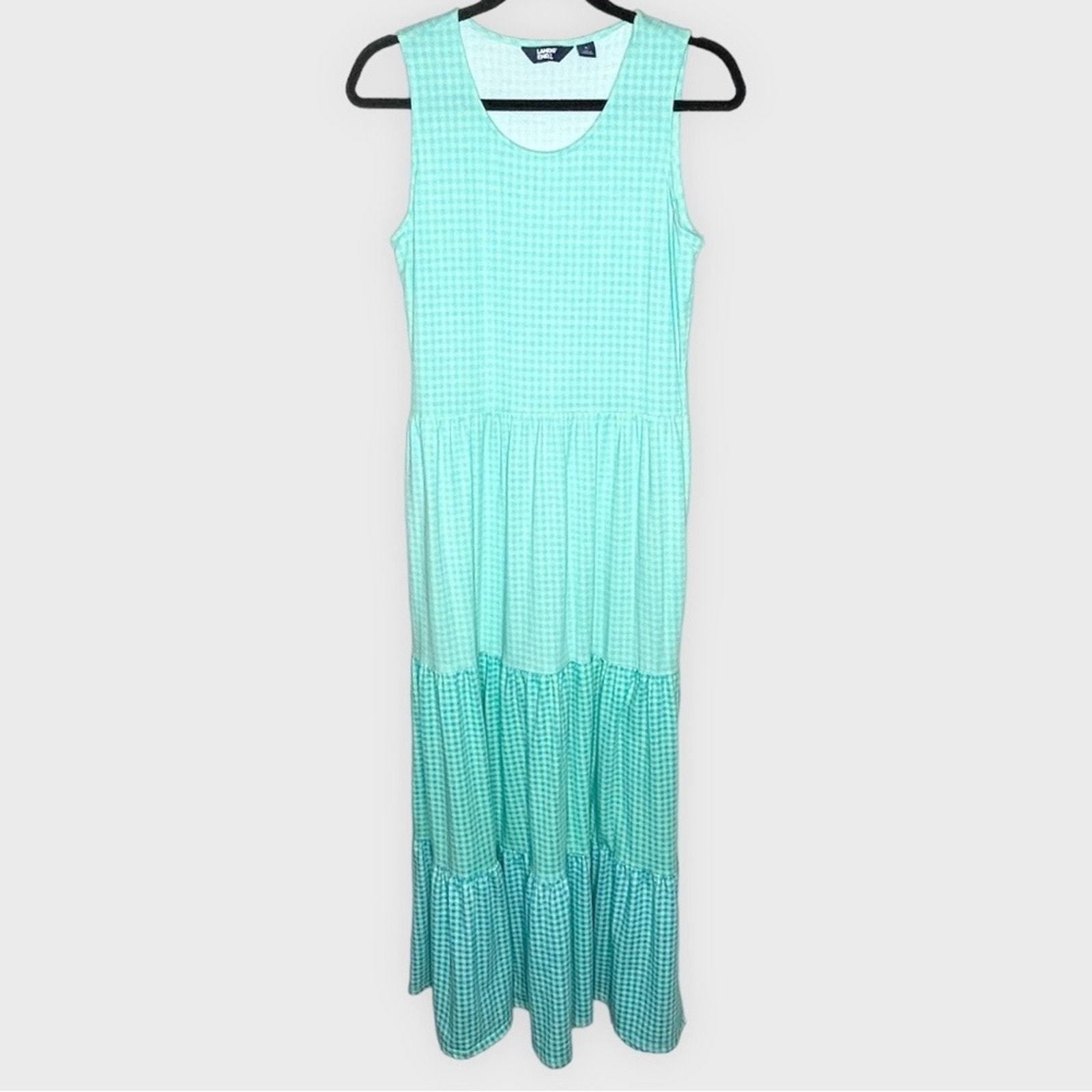 NWOT LANDS’ END green gingham check tiered maxi tank dress tencel size 6-8 - $29.00
