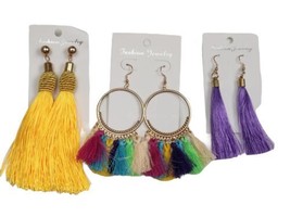 Set of 3 Fashion Silky Tassel Fringe Dangle, Stud &amp; Fish Hook Earrings Multi - £7.85 GBP