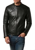 Men Leather Jacket Black Slim fit Biker Motorcycle Genuine Lambskin Jacket MJ024 - £92.84 GBP