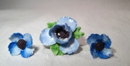 Vintage Adderley Painted Floral Made in England Brooch &amp; Earring Set K1189 - £37.92 GBP