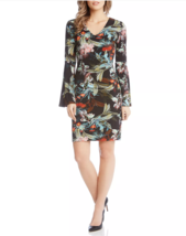 Karen Kane Black Floral Bell Sleeve Form Fitted V-Neck Lined Dress Medium - £54.29 GBP