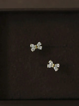 9ct Solid Gold Bow Knot Stud Zirconia Earrings Handmade -9K Au375, shiny, tiny - £59.83 GBP