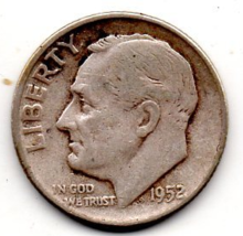 1952 P Roosevelt Dime (90% Silver) Very Light Wear - £6.35 GBP