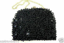 Vintage Hong-Kong Black Glass Beads Small Evening Purse Hand Bag Clutch  - $19.80