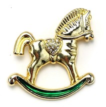 Gold Tone Green Enamel Rhinestone Heart Saddle Rocking Horse Pony Brooch Pin - £9.38 GBP